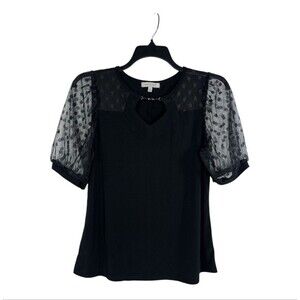 Emma & Olive Women's Knit Top Black XL Short Sheer Swiss Dot Puff Sleeve Blouse